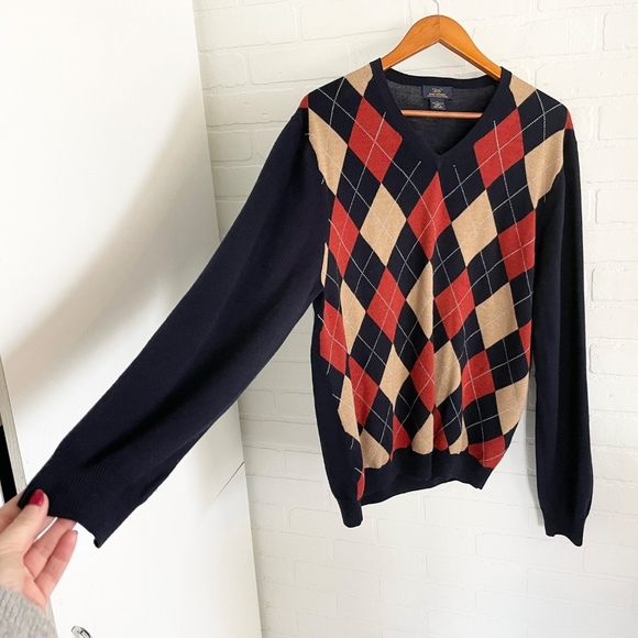 346 Brooks Brothers Men’s Knit Sweater Merino wool Argyle Navy blue Tan Orange L - Picture 3 of 11